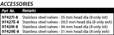 97427I-8 97427E-8 97429I-8 97429E-8,Stainless steel valves - 35 mm head dia (8 only int) Stainless steel valves - 30    