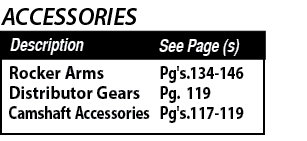 Pg's 134-146 Pg  119 Pg's 117-119 ,Rocker Arms Distributor Gears Camshaft Accessories,See Page (s),Description,ACCESS   