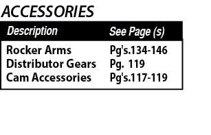 Pg's 134-146 Pg  119 Pg's 117-119 ,Rocker Arms Distributor Gears Cam Accessories,See Page (s),Description,ACCESSORIE