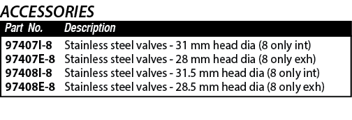 97407I-8 97407E-8 97408I-8 97408E-8,Stainless steel valves - 31 mm head dia (8 only int) Stainless steel valves - 28    