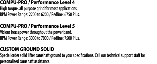 COMPU-PRO   Performance Level 4 High torque, all purpose grind for most applications  RPM Power Range: 2200 to 6200     